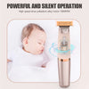 A silver electric hair removal device is shown next to a baby, demonstrating its operation.