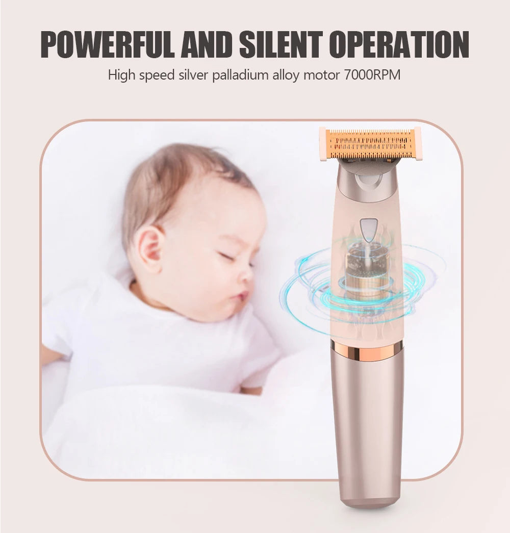 A silver electric hair removal device is shown next to a baby, demonstrating its operation.