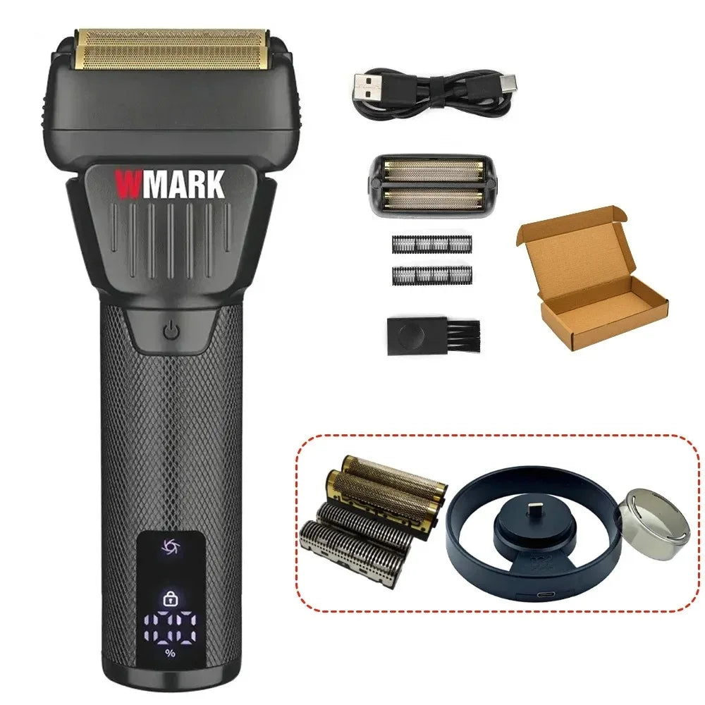 A professional rotary hair trimmer in black with a gold blade, along with accessories like a charger and blades.