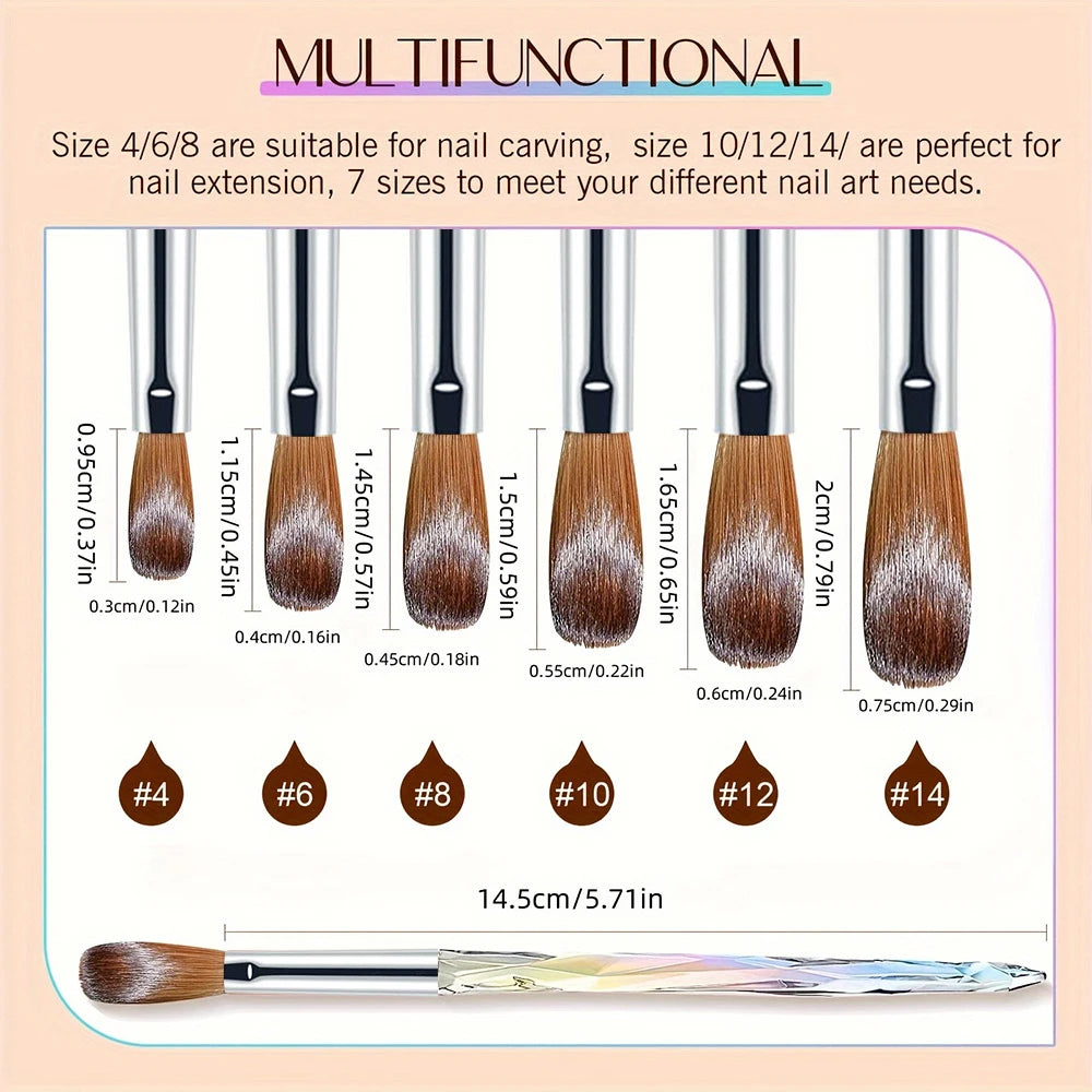 A set of 6 acrylic nail brushes in various sizes and shades for professional nail art