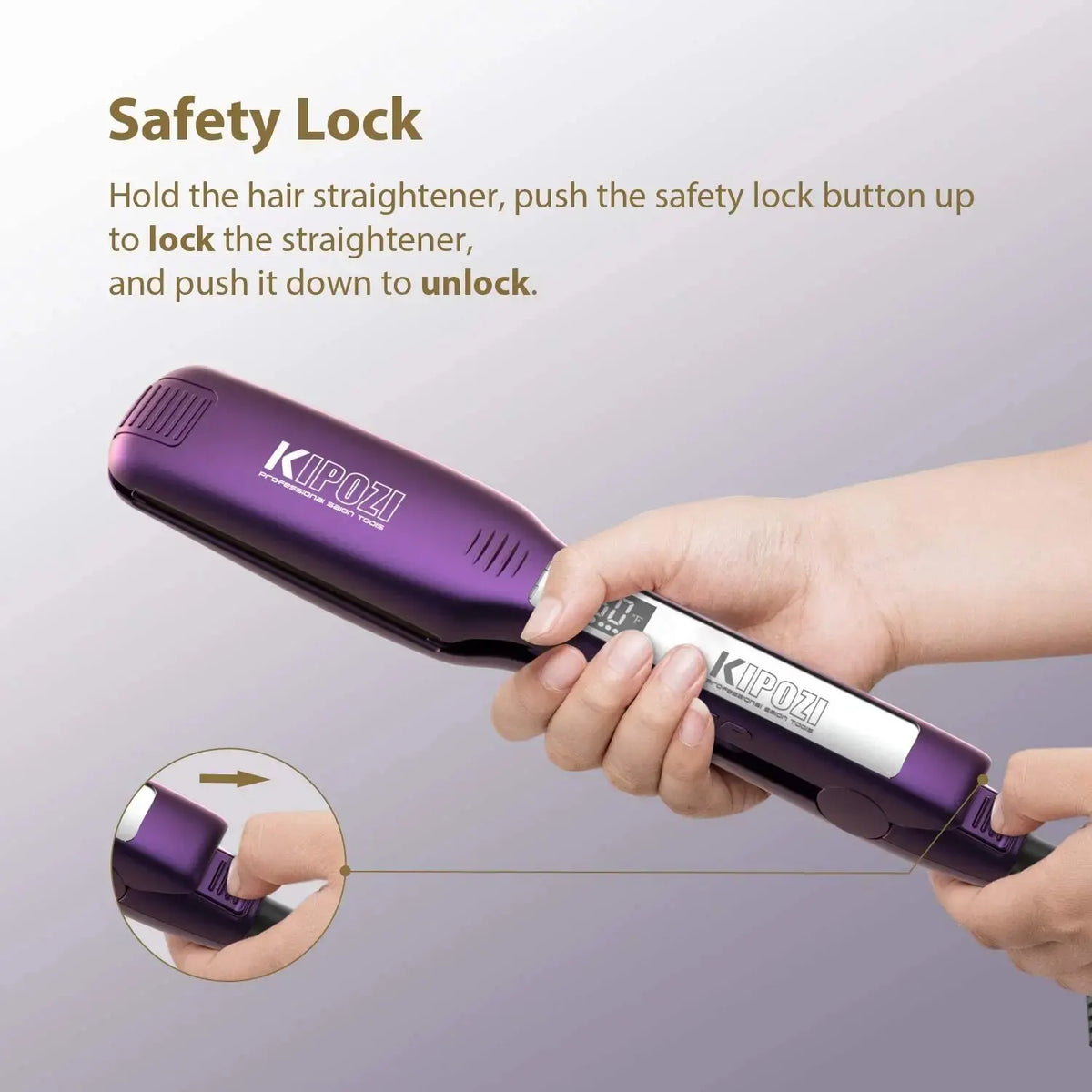 A hand is shown operating a purple KIPOZI hair straightener, demonstrating how to lock and unlock the device.