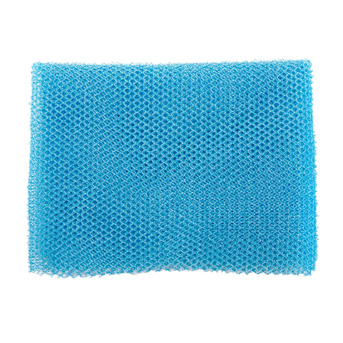 A rectangular piece of bright blue exfoliating mesh body scrub sponge.