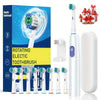 A white electric toothbrush and replacement heads are shown next to its packaging box.