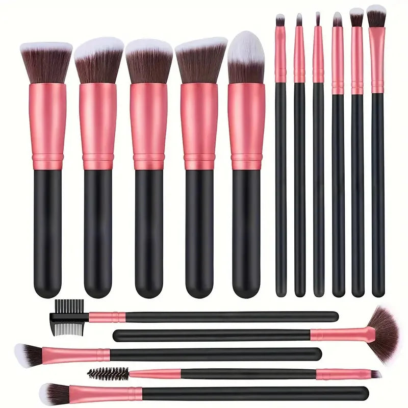 A set of professional makeup brushes in various sizes and shades, including pink and black handles.