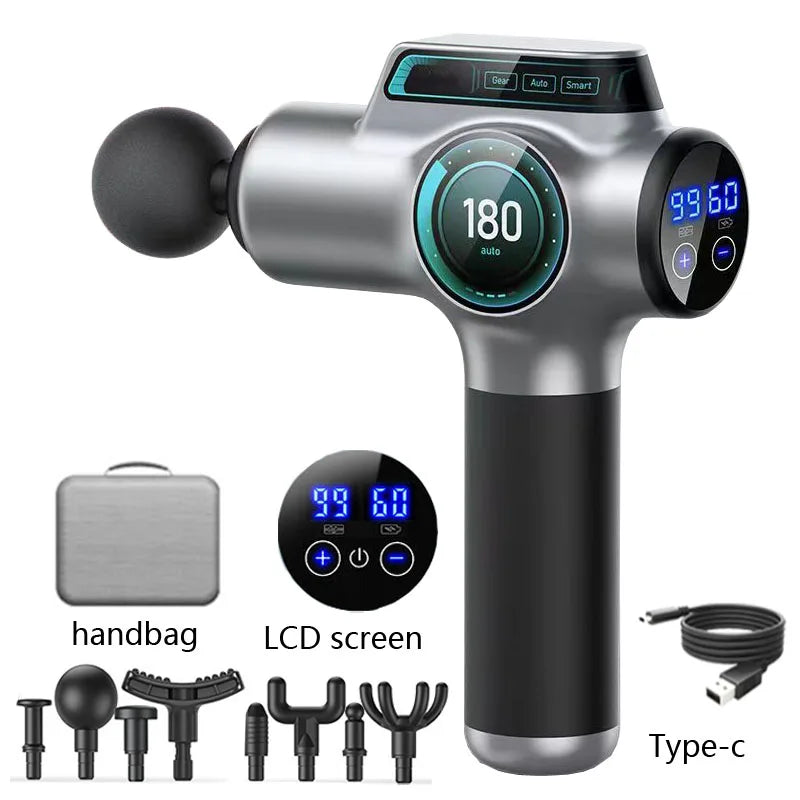 A silver muscle massage gun with a digital display, accessories, and power cord shown on a white background.