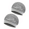 A grey knitted satin wrap cap bonnet shown from the side.