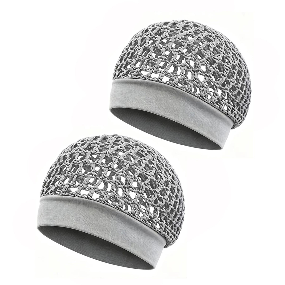A grey knitted satin wrap cap bonnet shown from the side.