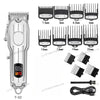 A set of professional cordless hair clipper trimmers with various guard sizes and a power cord.