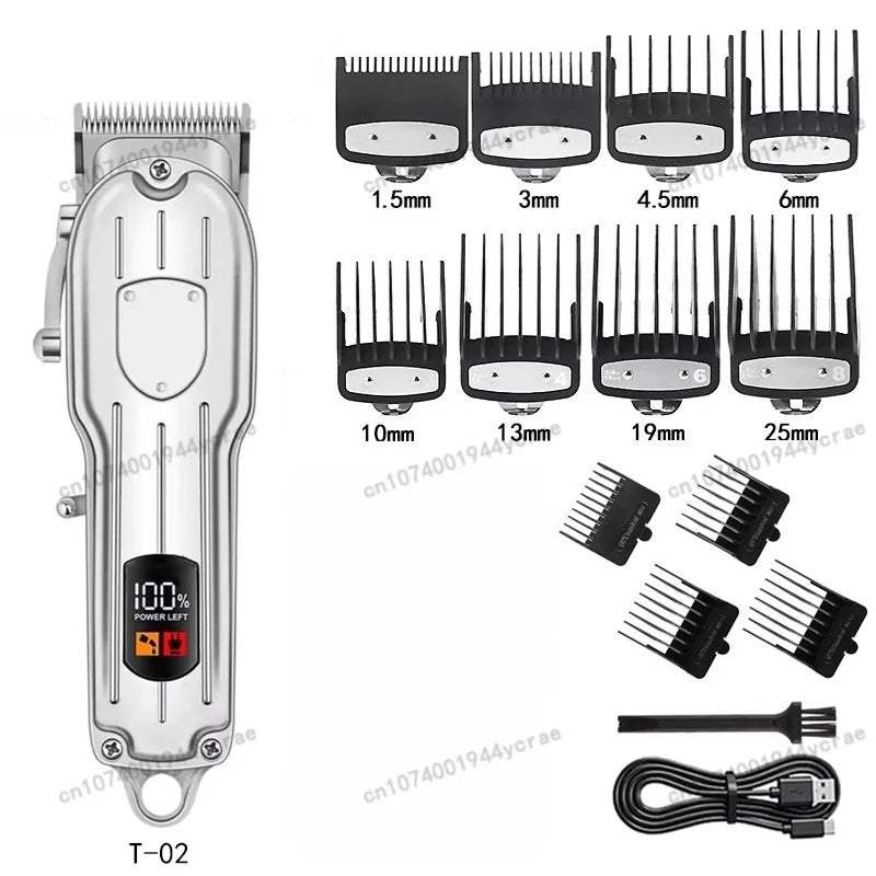 A set of professional cordless hair clipper trimmers with various guard sizes and a power cord.
