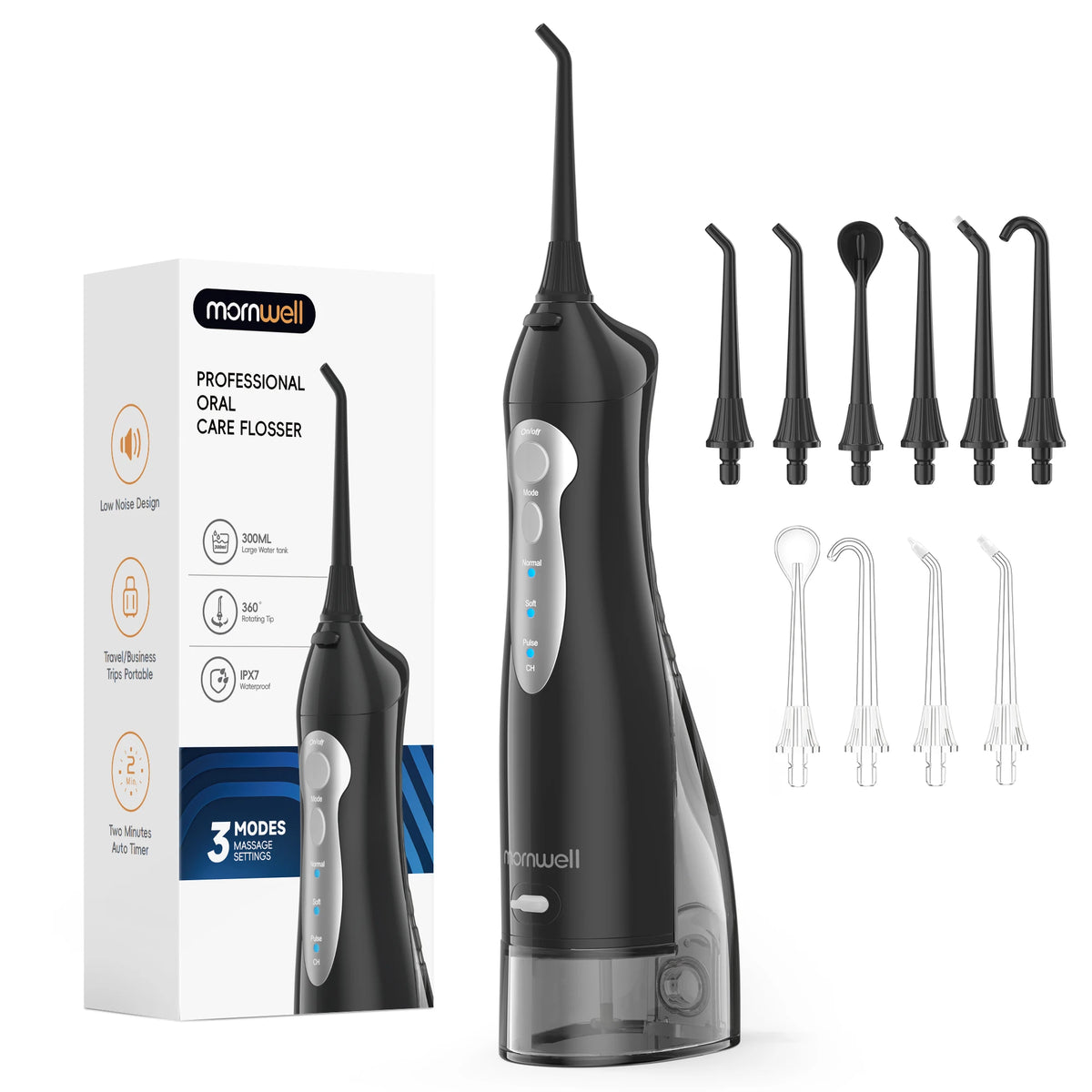 A black portable oral care flosser with various tips is shown next to its packaging.