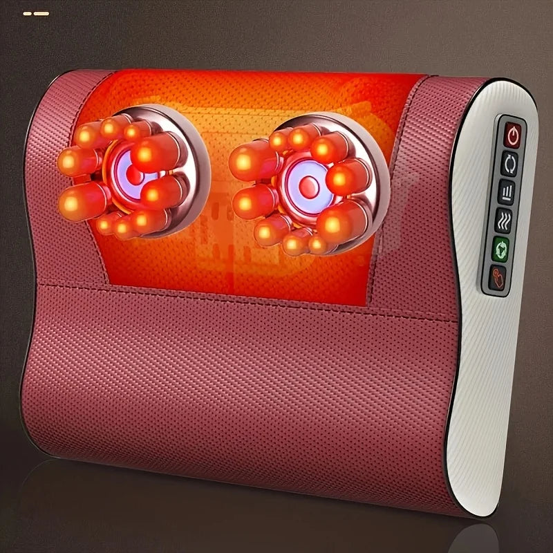 A pink and white massage pillow with glowing orange massage heads and a power switch.