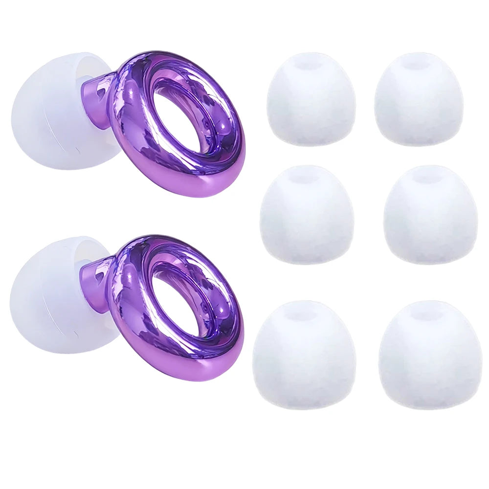 Set of purple silicone noise-cancelling earplugs for sleep and swimming with white silicone plugs