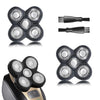 A set of five universal shaver replacement heads with rotating blades and corresponding plastic connectors.
