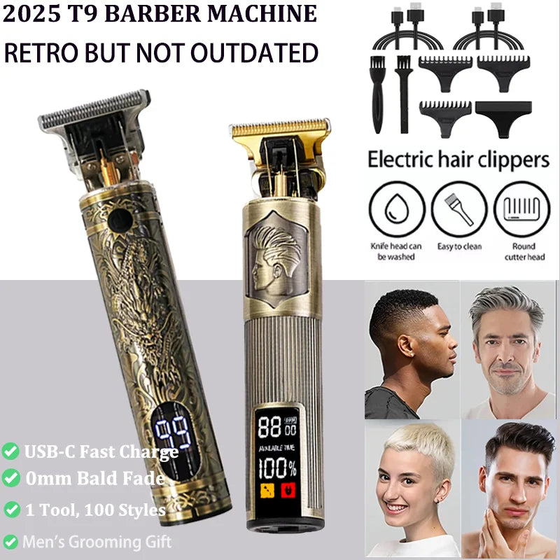 A gold and black electric hair clipper with a battery showing 99% charge, featuring an 0mm bald fade blade.