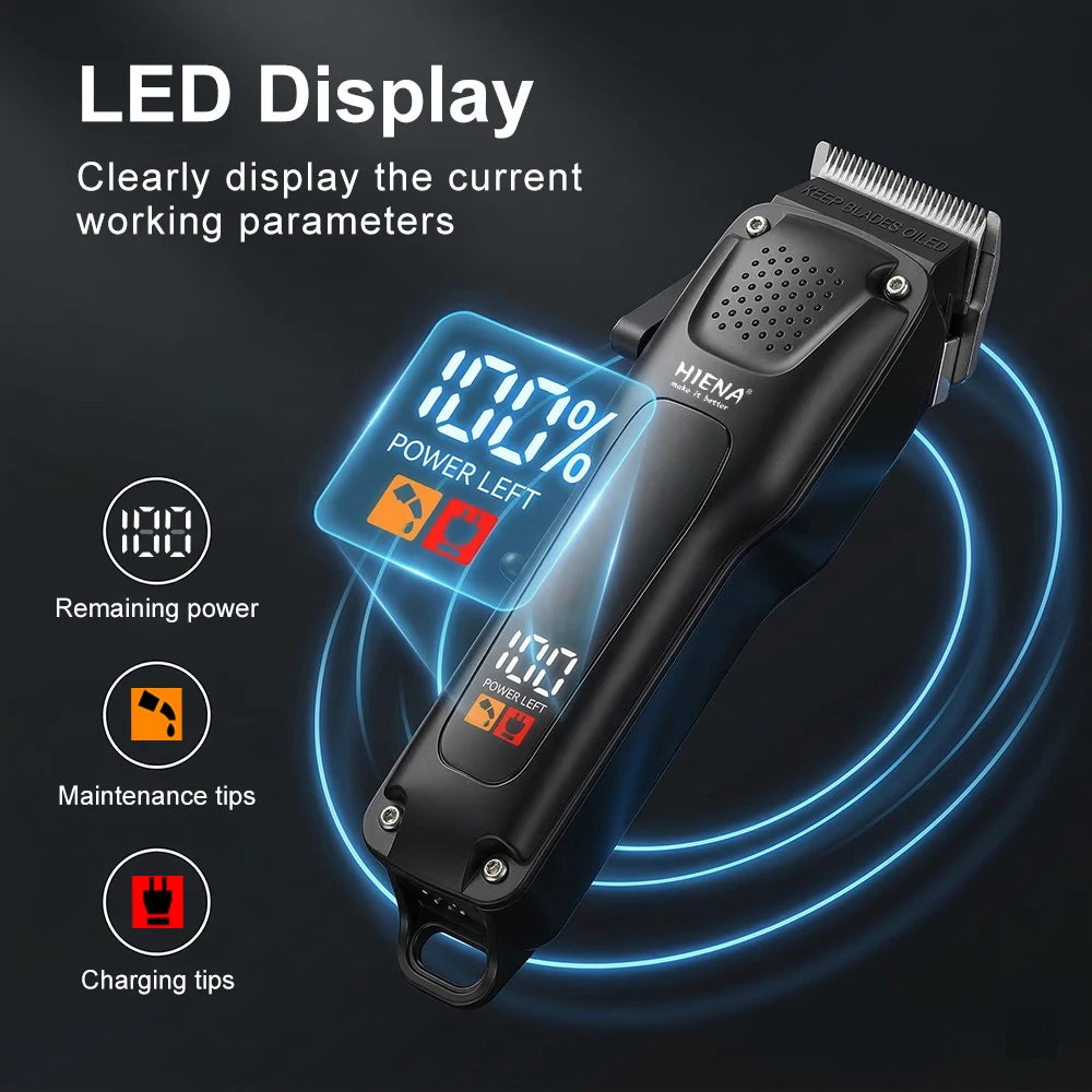 Schwarzer Elektrobürsten-Haartrimmer mit aktuellen Arbeitsparametern auf dem LED-Display.