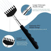 A black plastic back scratcher with a telescopic handle and coated pointed ends shown in various views.