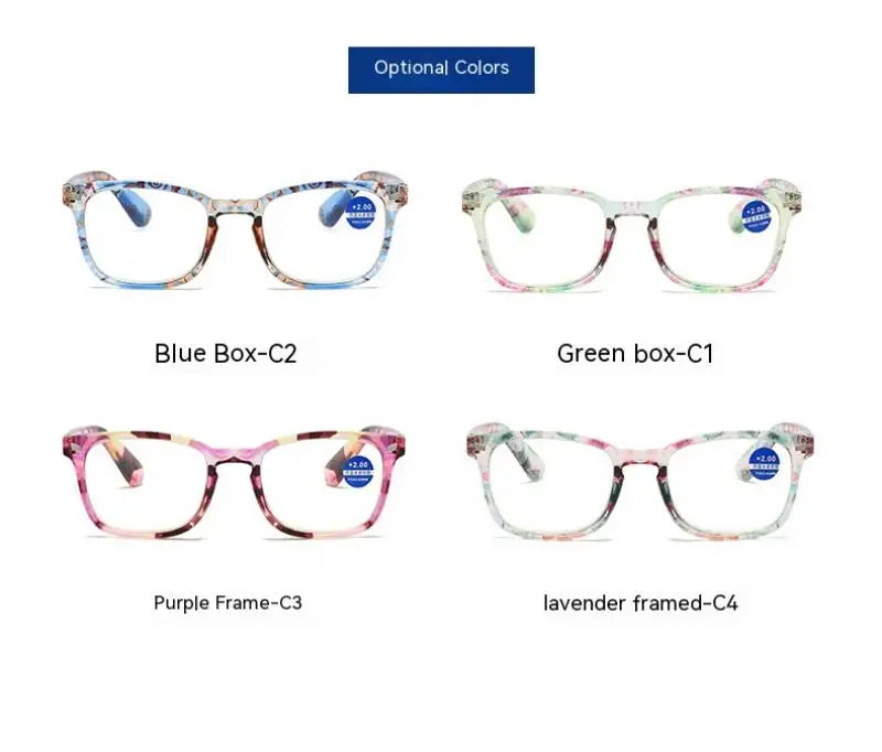 A selection of high definition magnifying reading glasses in blue, green, purple, and lavender frames.