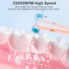 A pink electric toothbrush head rotating at 22000 RPM is shown cleaning teeth on a pink holder.