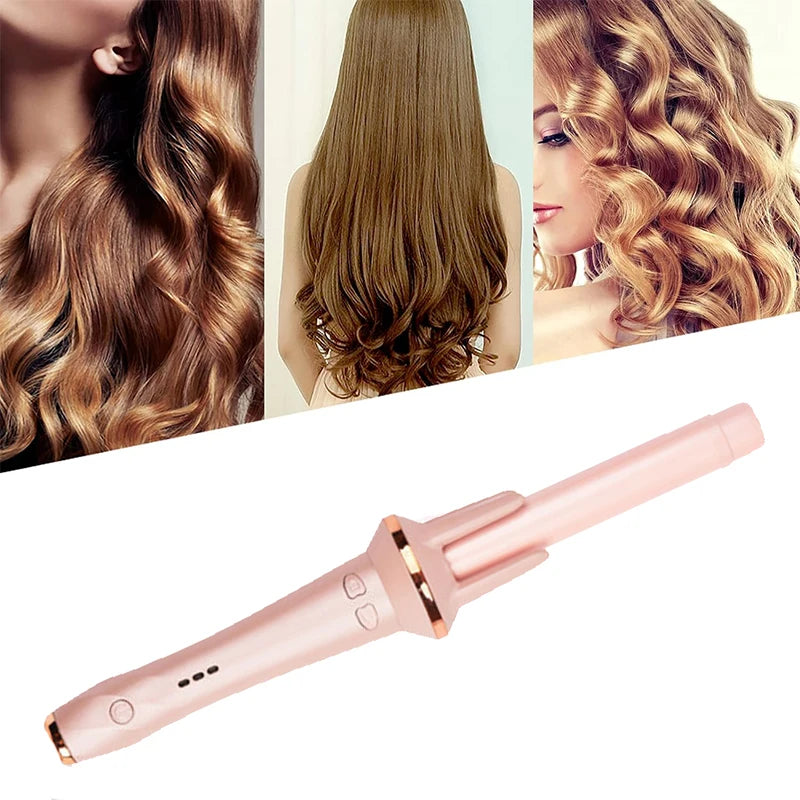 A pink automatic ceramic curling iron with a long barrel is shown next to examples of styled hair curls.