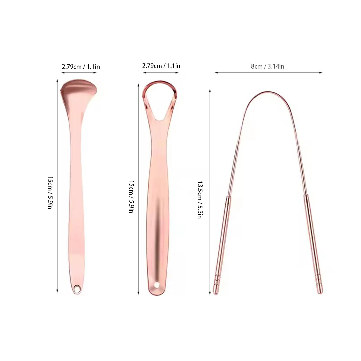 A set of rose gold stainless steel tongue scrapers shown in various sizes and angles.