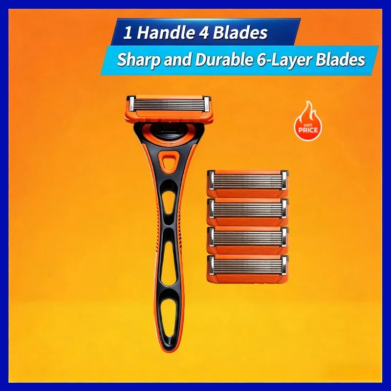 An orange precision safety razor with a handle and four blades, alongside three stacked 6-layer blade refills.