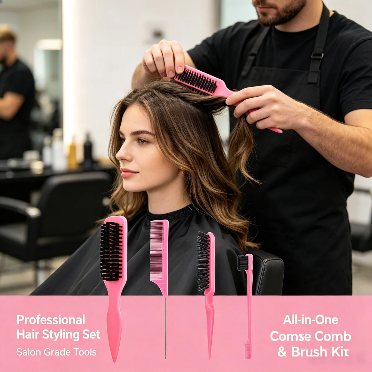 A woman is being styled by a man using a pink and green all-in-one comb and brush kit for professional hair styling.