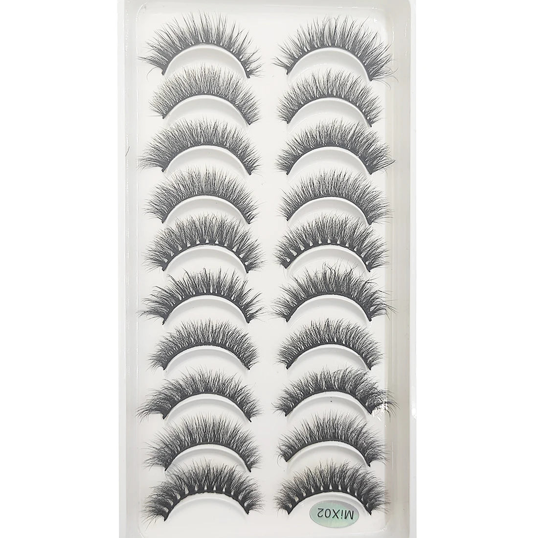 A tray of natural mink false eyelashes in various styles and lengths.