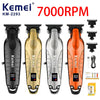 Vier Kemel 7000RPM kabellose elektrische Haarschneidemaschinen in Schwarz, Gold, Silber und Orange.
