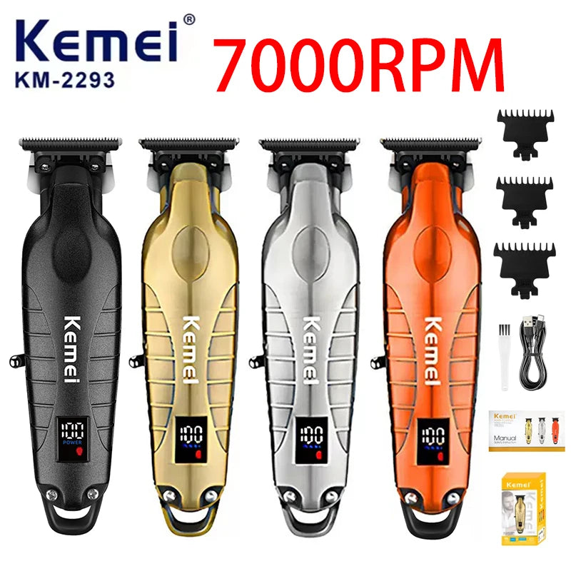Vier Kemel 7000RPM kabellose elektrische Haarschneidemaschinen in Schwarz, Gold, Silber und Orange.