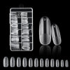 A collection of frosted French false nails in various shapes and lengths displayed in a clear plastic case.