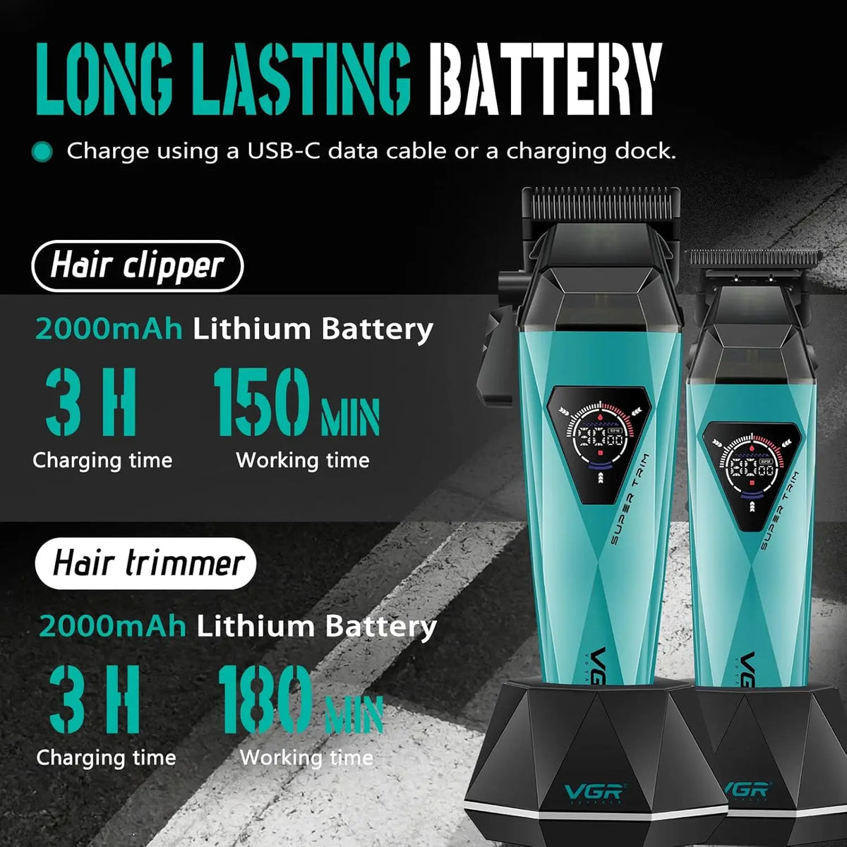 Blauer elektrischer Haarschneider und Trimmer mit Akkudetails und Ladeanleitung.