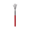 Stainless steel telescoping back massager with a metal hand grip and a red handle.