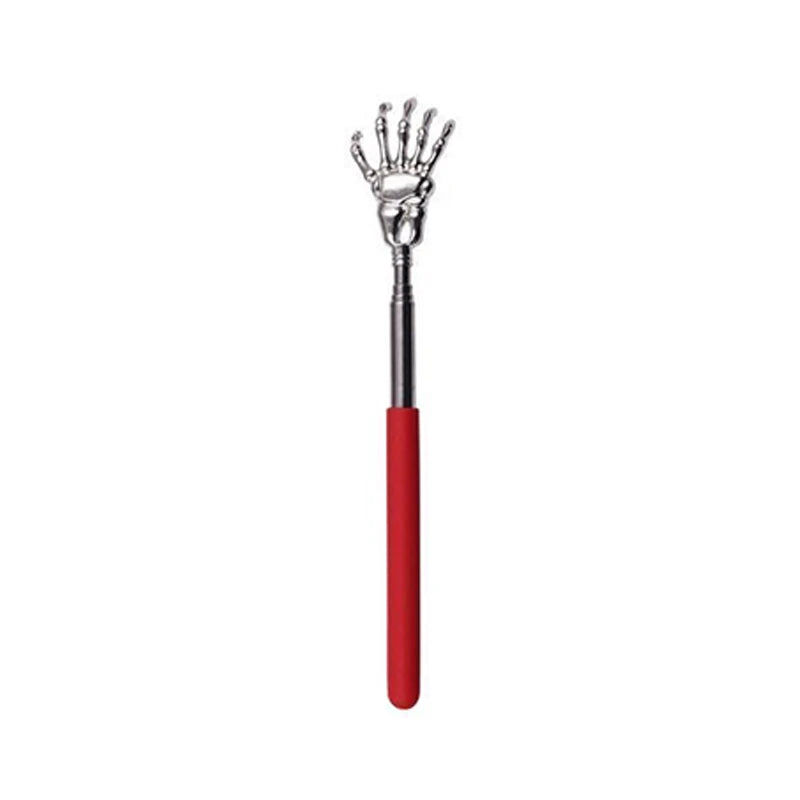 Stainless steel telescoping back massager with a metal hand grip and a red handle.