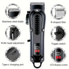 A black professional cordless hair clipper showing various features like the blade, adjustment, switch, charging port, and LC