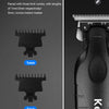 A close-up of a Kemel Tec electric hair trimmer showing three limit combs with lengths of 1mm, 2mm, and 3mm.
