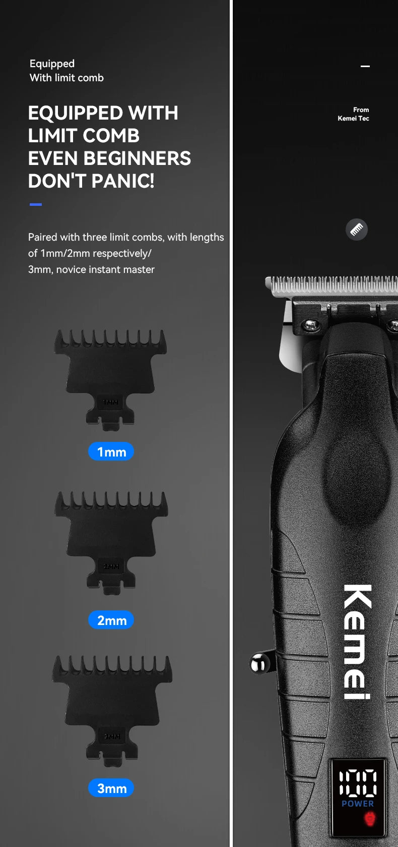 A close-up of a Kemel Tec electric hair trimmer showing three limit combs with lengths of 1mm, 2mm, and 3mm.