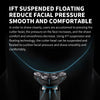 Close-up view of an electric shaver head with a floating suspension mechanism for facial hair grooming.