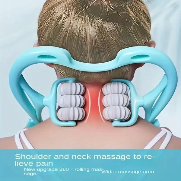 A light blue manual deep tissue neck massager is shown being used for shoulder and neck massage.