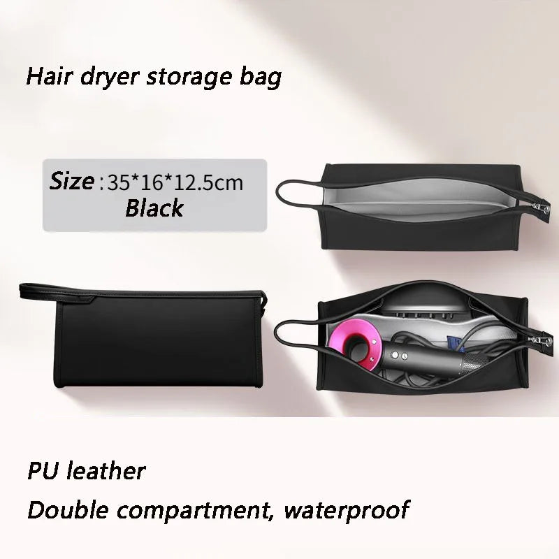 Black PU leather hair dryer storage bag with a double compartment and waterproof design.