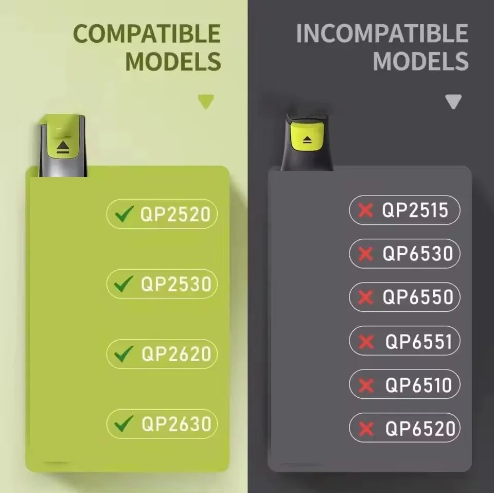 Vergleichstabelle kompatibler und inkompatibler Modelle für einen elektrischen Barttrimmerbürsten-Set.