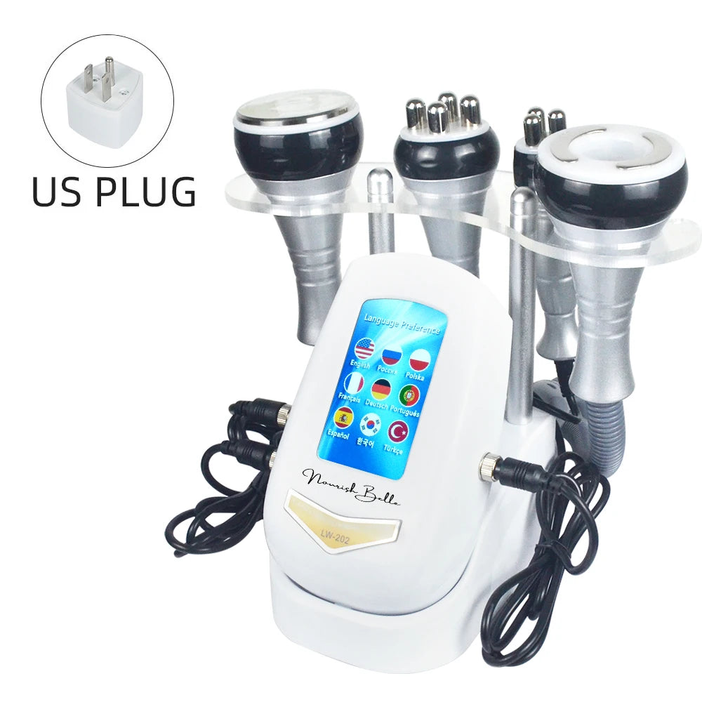 A white massager device with multiple attachments and a black cord is shown next to a US plug adapter.