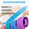 A collection of colorful silicone body scrubbers and massagers shown against a light skin background.