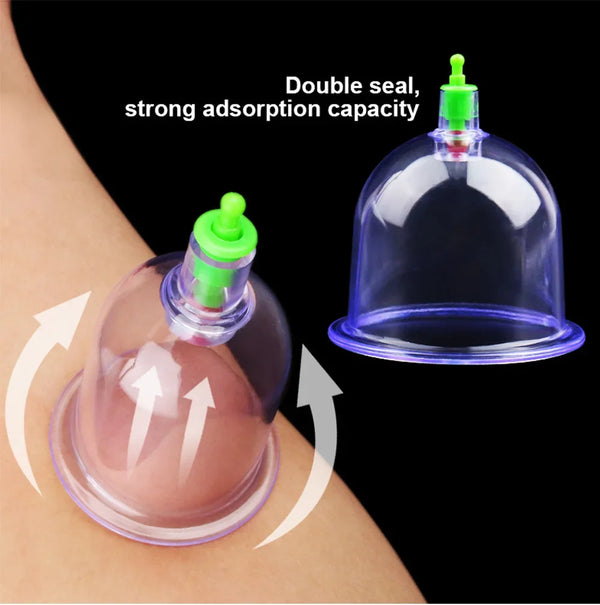 A clear silicone vacuum cup device is shown being applied to skin for cupping therapy.