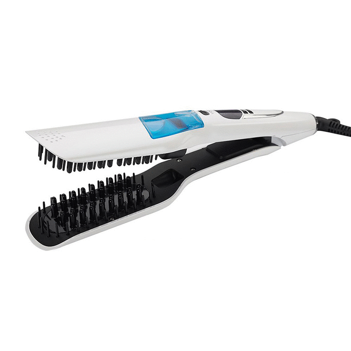 A white professional dual voltage hair straightener iron with black plates and a blue light feature.