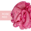 A close-up of a vibrant pink rose red exfoliating mesh bath sponge.