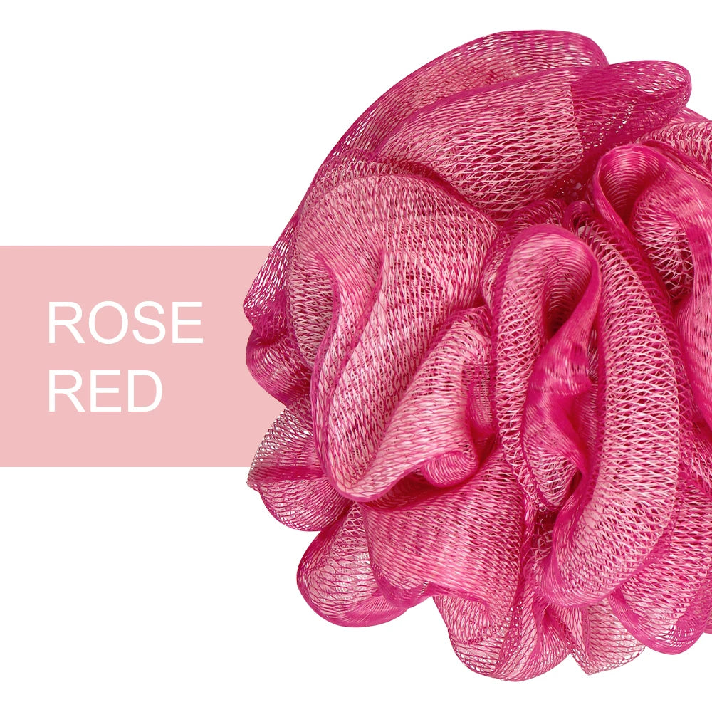 A close-up of a vibrant pink rose red exfoliating mesh bath sponge.