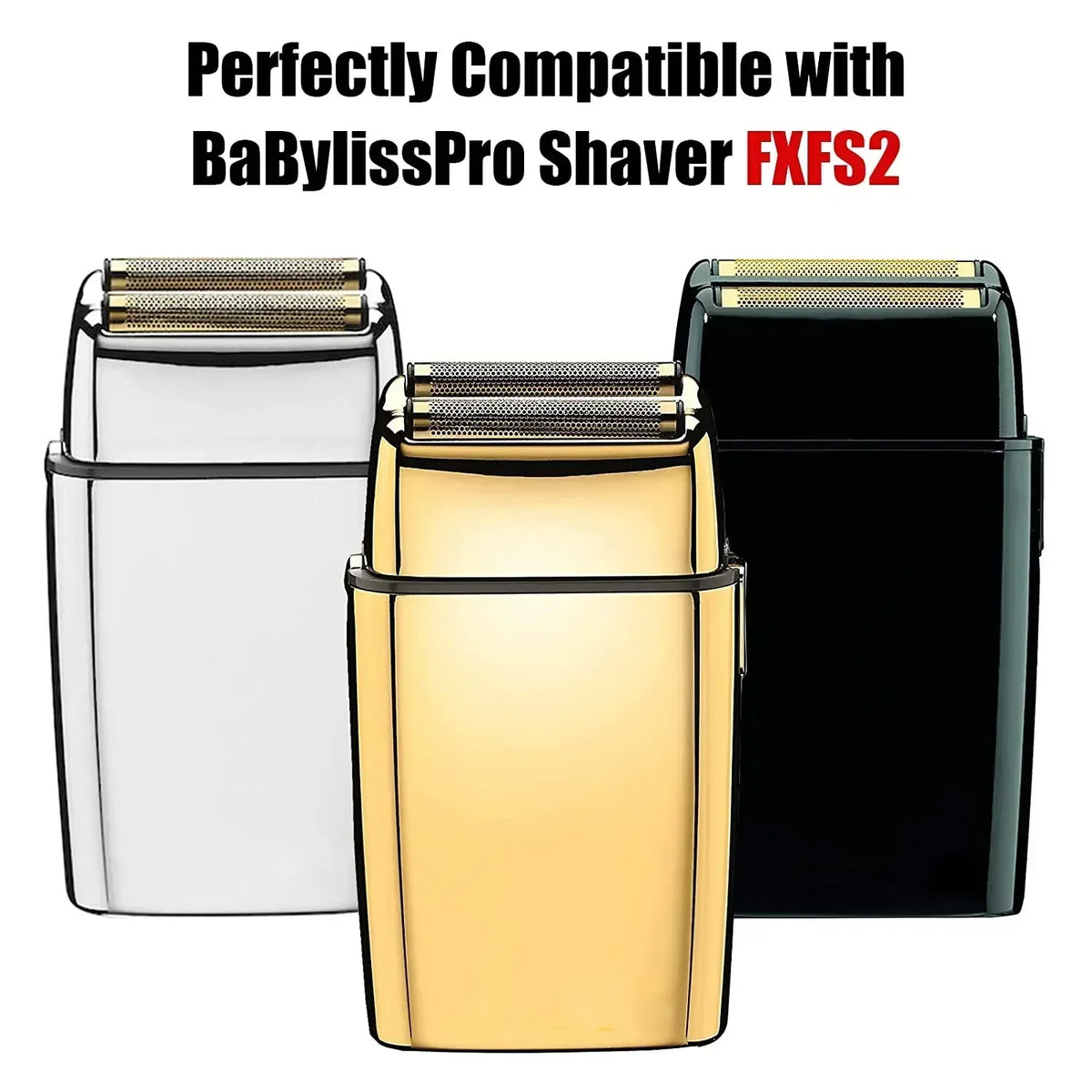 Three replacement foil and cutters blades for the BaBylissPro shaver, shown in silver, gold, and black.
