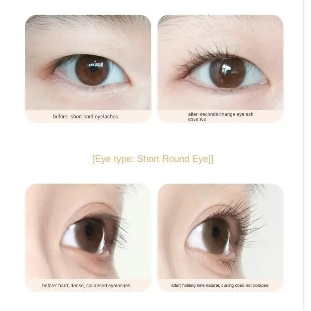 Before and after comparison showing the effect of a dual-type eyelash curler on short round eyes.