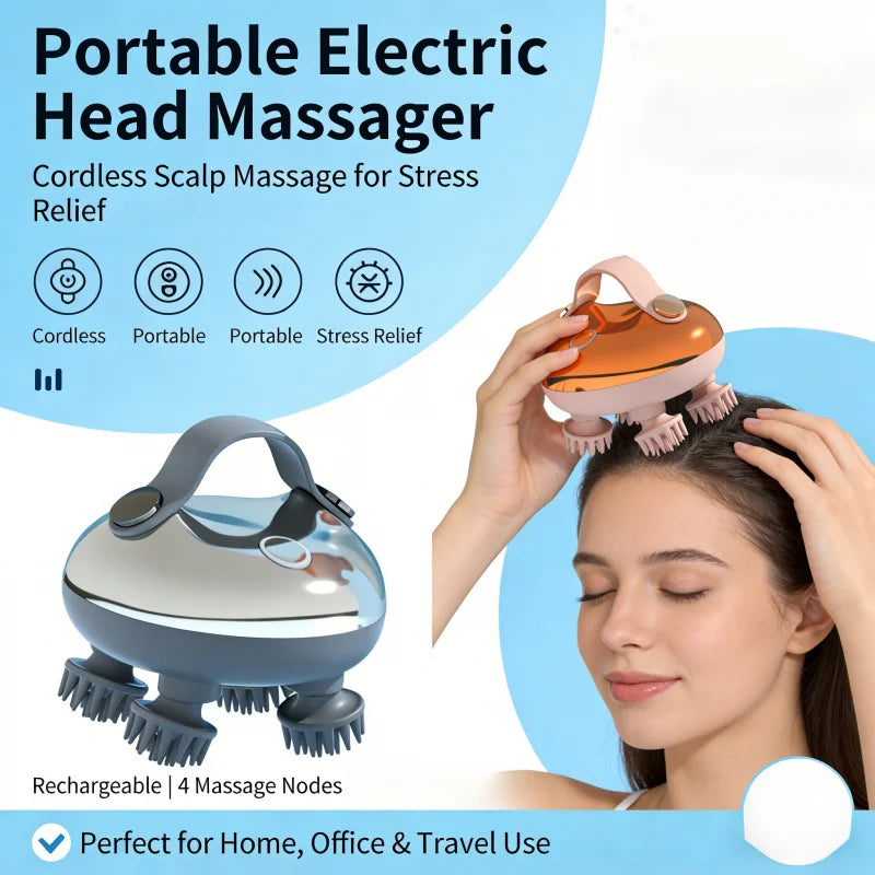 A woman is using a portable electric head massager for scalp massage to relieve stress.