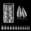 A collection of frosted French false nails with a natural finish displayed in a clear plastic case and loose.